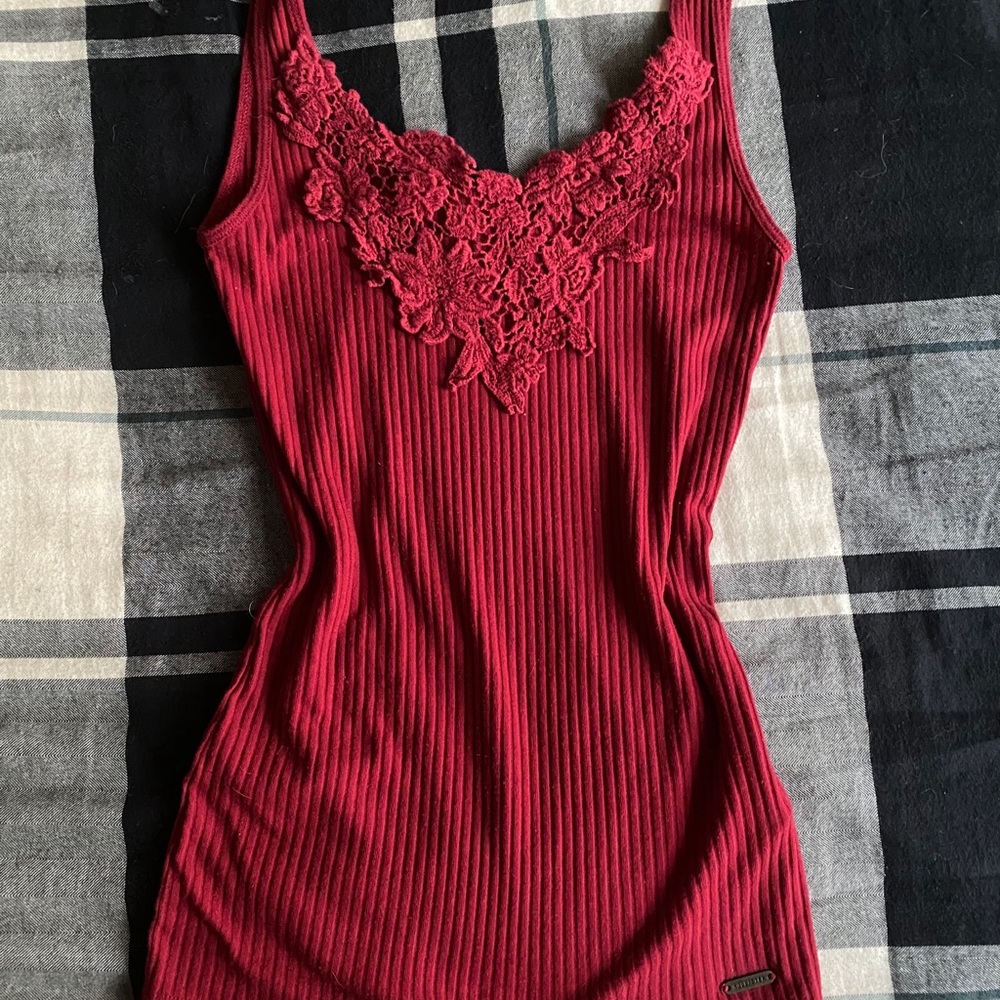 Red floral embroidered hollister tank top
